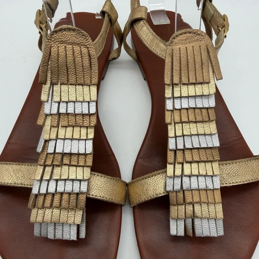 Matt Bernson Gold Silver Metallic Fringe Leather Ankle Strap Flat Sandals US 8
